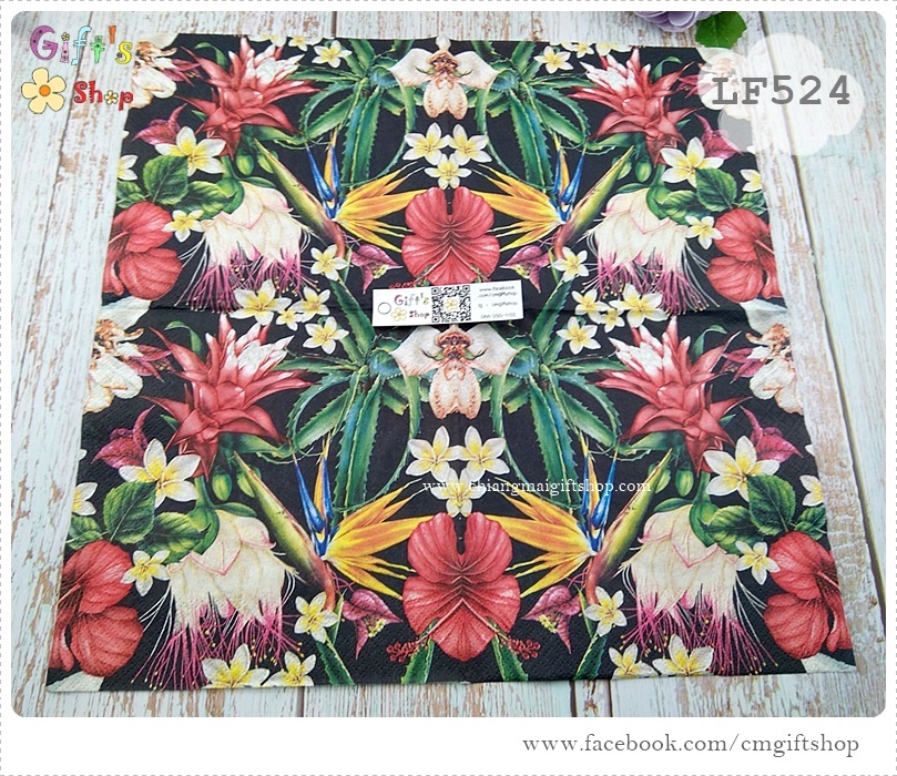 กระดาษแนปกิ้นยุโรป ,ลาย Paradise Flowers on Black, ลายดอกไม้, ลายดอกไม้สีสด, ลายดอกชบา, ลายทรอปิคอล, ลายดอกไม้หลายชนิด, ลายดอกไม้พื้นหลังสีดำ, ลายแนวทะเล