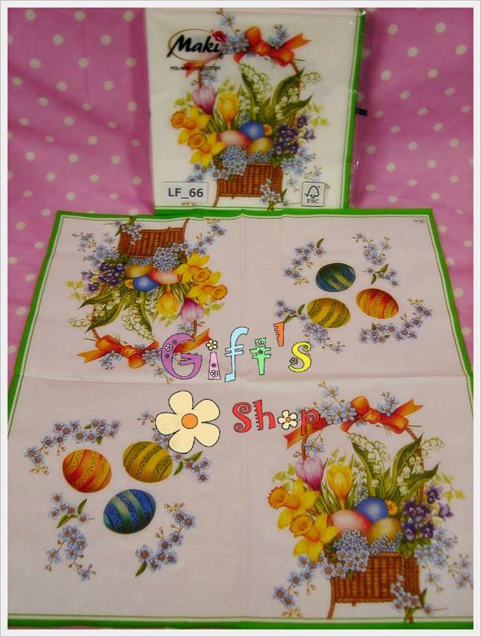 กระดาษแนปกิ้นยุโรป, ลายตะกร้าไข่อีสเตอร์, พื้นหลังสีขาว, พื้นหลังสีอ่อน, ขอบสีเขียว, ลายไข่, ลายไข่อีสเตอร์, เทศกาลอีสเตอร์