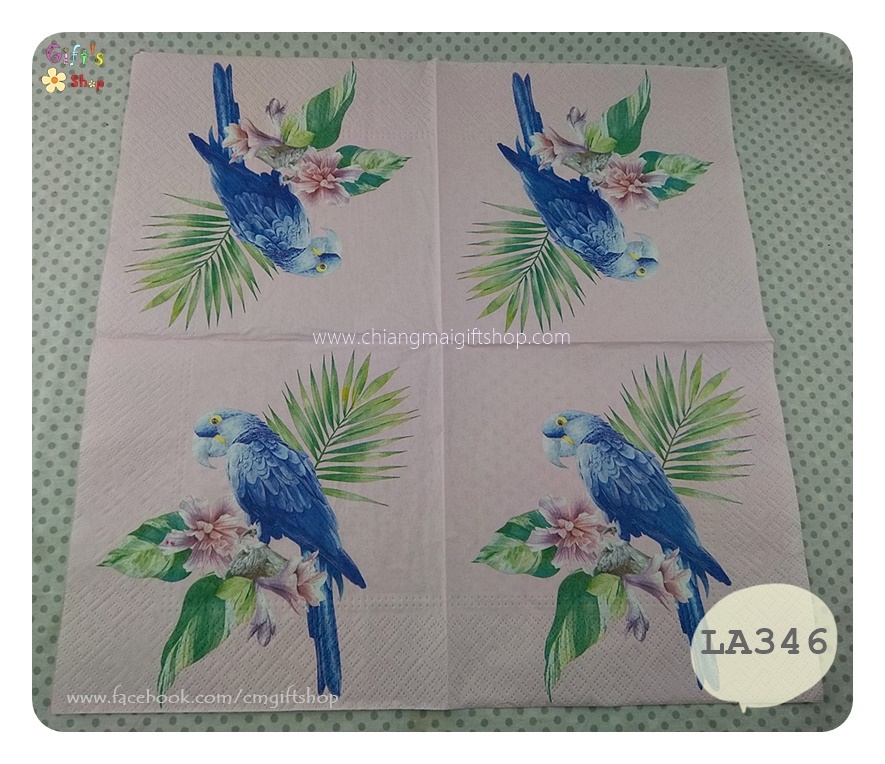 กระดาษแนปกิ้น ลายนกแก้ว, Exotic Parrot, ลายนก, ลายนกแก้วสีฟ้า, ลายนกแก้ว, ลายนกแก้วเกาะกิ้งดอกไม้, ลายดอกไม้สีชมพู, ลายดอกไม้สีม่วง, ลายใบไม้, พื้นหลังสีชมพูอ่อน