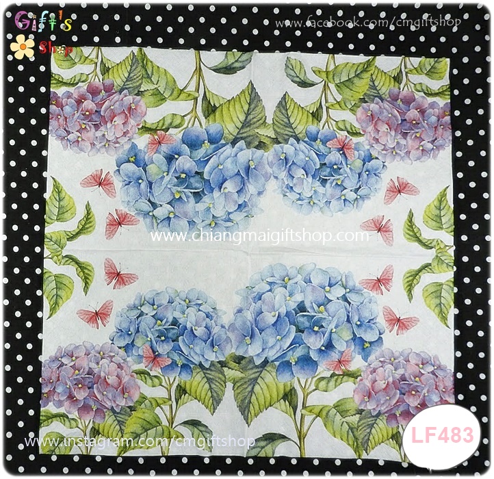 กระดาษแนปกิ้น ลายดอกไฮเดรนเยีย สีฟ้า สีม่วง สีอ่อน ผีเสือสีชมพู ใบไม้สีเขียว พื้นหลังสีขาว Gentle Hydrangea