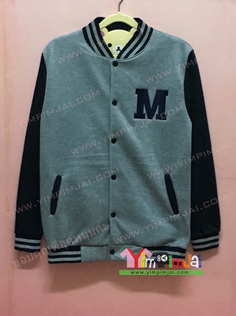 เสื้อกันหนาว เบสบอล สีเทา แขนยาวดำ กระดุมดำ มีกระเป๋า สรีนตามสั่ง M SMAT F Z