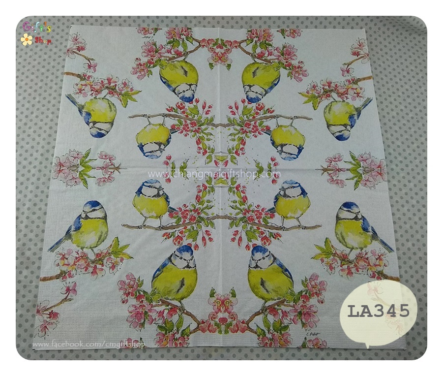 กระดาษแนปกิ้น ลายนกสีเขียวน้ำเงิน, Summer Choir, ลายนกเกาะกิ่งดอกไม้สีชมพู, ลายดอกไม้, ลายดอกซากูระ, ลายดอกไม้สีชมพู, ลายกิ่งไม้มีดอกไม้สีชมพู, ลายนก, ลายนกหลายตัว, พื้นหลังสีขาว