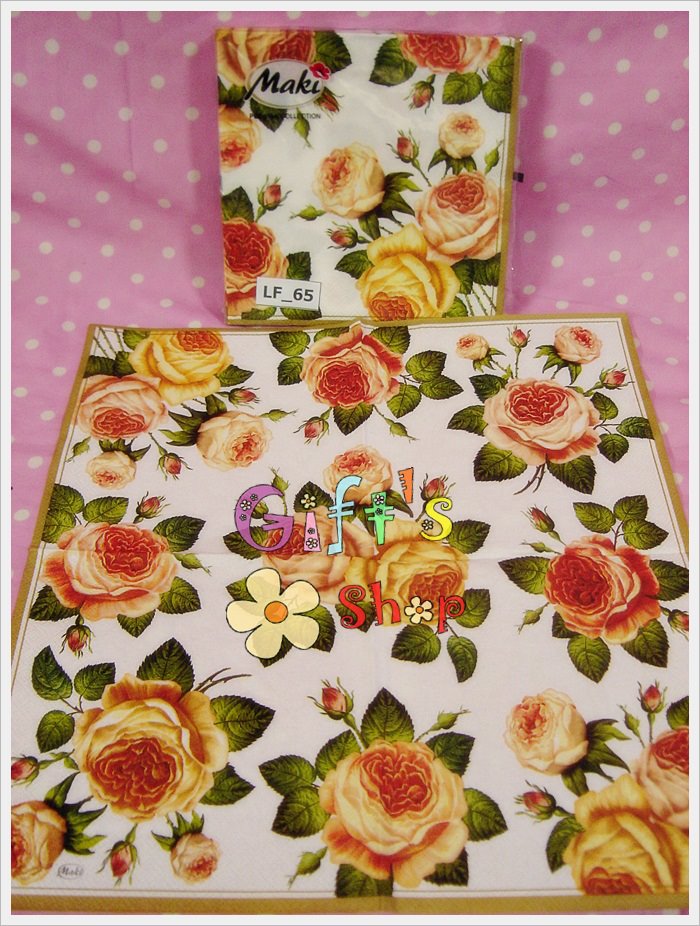 กระดาษแนปกิ้น ลายดอกกุหลาบสีส้ม เหลือง โอลด์โรส พื้นหลังสีขาว ขอบสีทอง