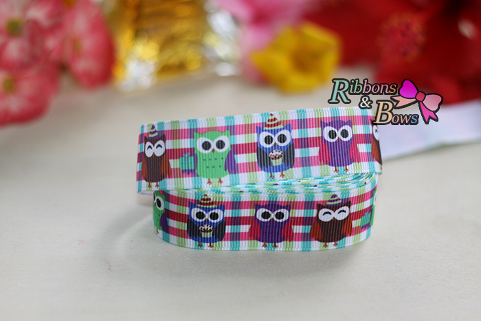 ริบบิ้นผ้าพิมพ์ลาย นกฮูก กว้าง 22 mm #AN04