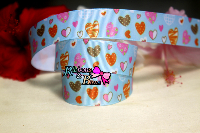 ริบบิ้นผ้าพิมพ์ลายหัวใจ กว้าง 25 mm #HT4