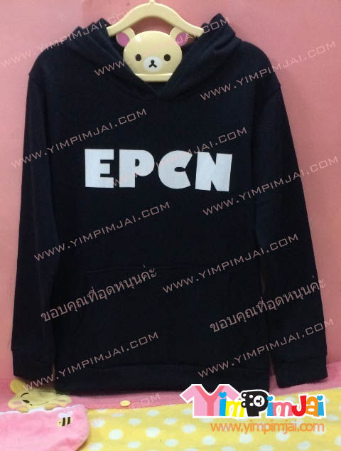เสื้อกันหนาว สีดำ แขนยาว หมวกดำ สกรีนตามสั่ง EPCN 10.78