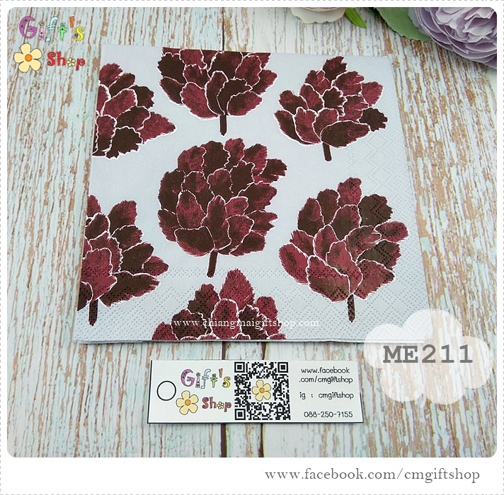 กระดาษแนปกิ้น ลาย KAPYKUKKA light grey ลายสีแดงเลือดหมู พื้นหลังสีเทาอ่อน ลายของ Marimekko