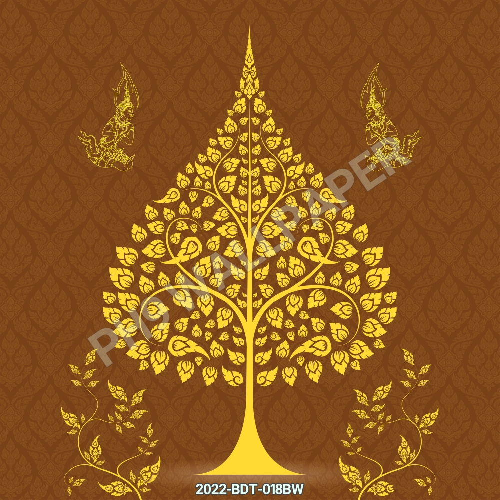 วอลเปเปอร์ติดผนังลายไทย ภาพต้นโพธิ์-เทวดา สีแดง/น้ำเงิน/เขียว/น้ำตาล CV-2023-BDT-018