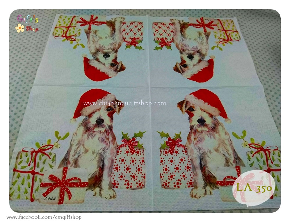 กระดาษแนปกิ้น ลายChristmas pup, ลายหมา, ลายสุนัข, ลายน้องหมา, ลายลูกหมา, ลายหมาคริสต์มาส, ลายหมากับกล่องของขวัญ, ลายหมาใส่หมวกสีแดง, พื้นหลังสีขาว