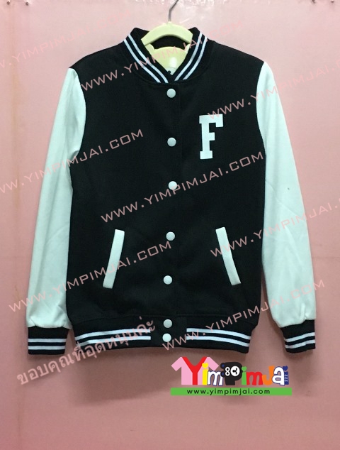 เสื้อกันหนาว เบสบอล สีดำ แขนยาวขาว กระดุมขาว ลายตามสั่ง เสื้อห้อง เสื้อรุ่น F MOOK 08