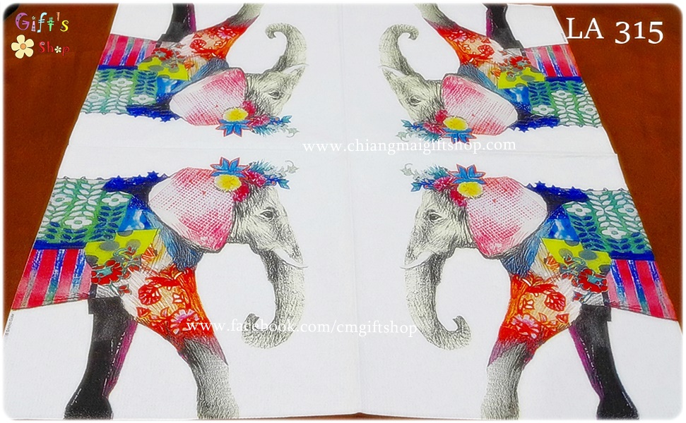 กระดาษแนปกิ้นยุโรป, ลายช้าง, ลายช้างใส่มงกุฎดอกไม้เพนท์ลายดอกไม้ที่ตัวหลายสี สีส้มชมพูเขียวน้ำเงิน ใบหูสีแดงชมพู, พื้นหลังสีขาว