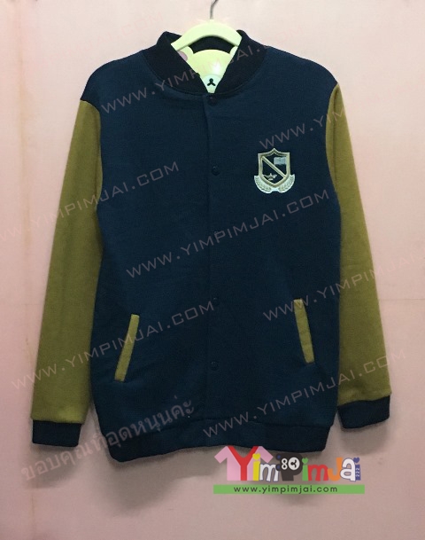 เสื้อกันหนาว เบสบอล สีดำ แขนขาวทอง กระดุมดำ ลายตามสั่ง เสื้อห้อง เสื้อรุ่น ปักอก Marketing