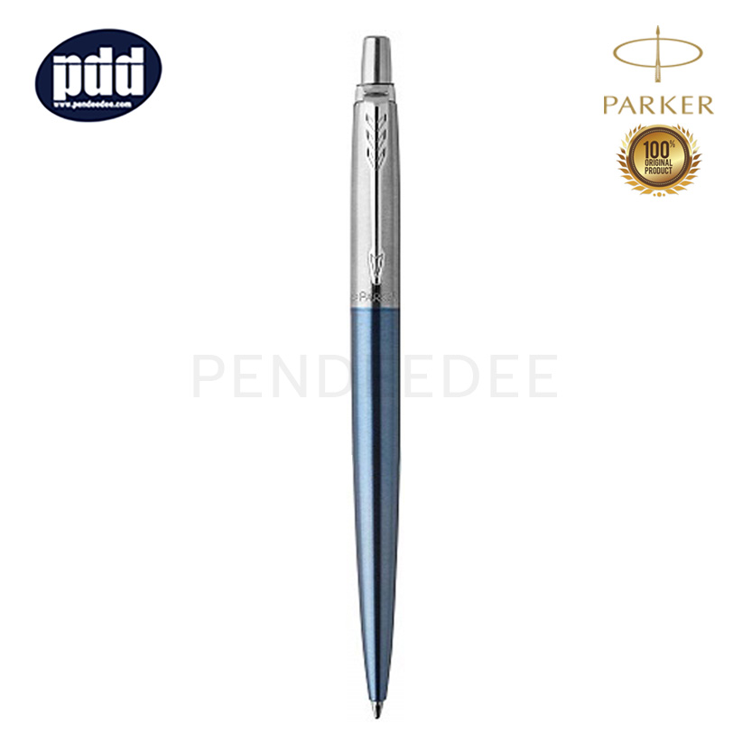 ปากกาสลักชื่อ PARKER ปากกาลูกลื่น ป๊าคเกอร์ จ๊อตเตอร์ น้ำเงิน วอเตอร์ลู Parker Jotter Stainless Steel Ballpoint Pen Waterloo Blue Chrome Trim