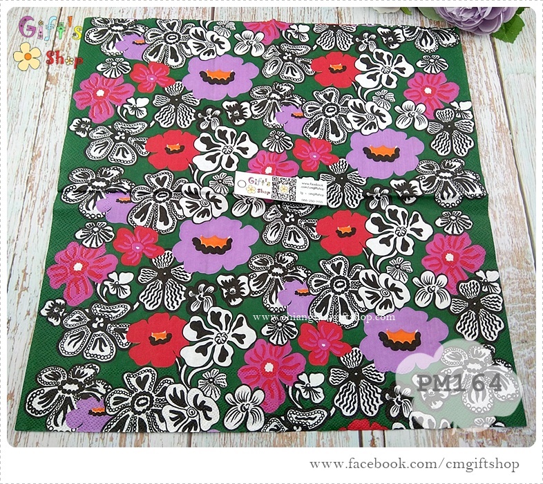 กระดาษแนปกิ้น ลายดอกไม้ ลายKAUKOKAIPUU dark green ลายของ marimekko ลายดอกไม้สีชมพู ลายดอกไม้สีม่วง ลายดอกไม้สีขาวดำ พื้นหลัวสีเขียวเข้ม