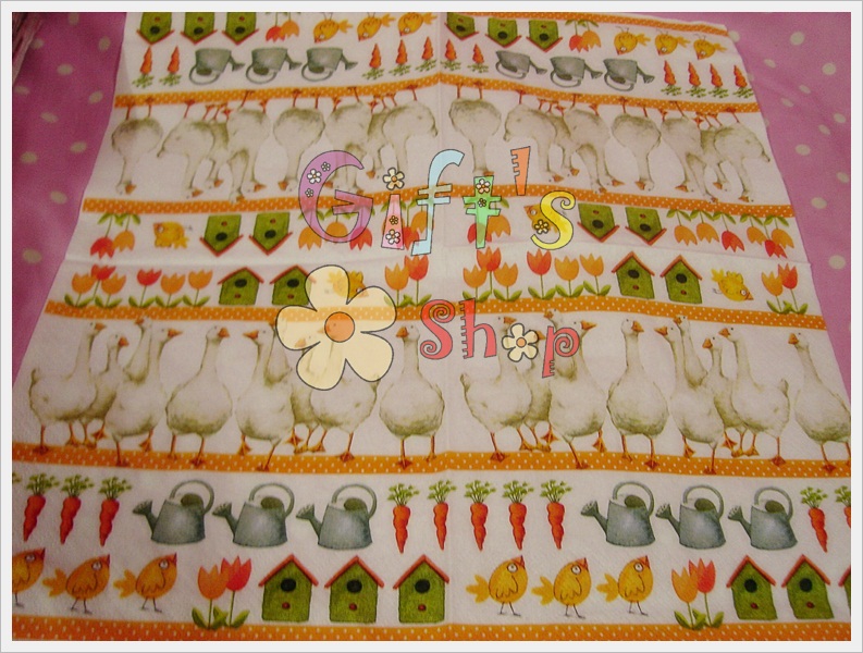 กระดาษแนปกิ้น ลายเป็ด บ้านนก แครอท บัวรดน้ำ ดอกไม้สีส้ม สีแดง