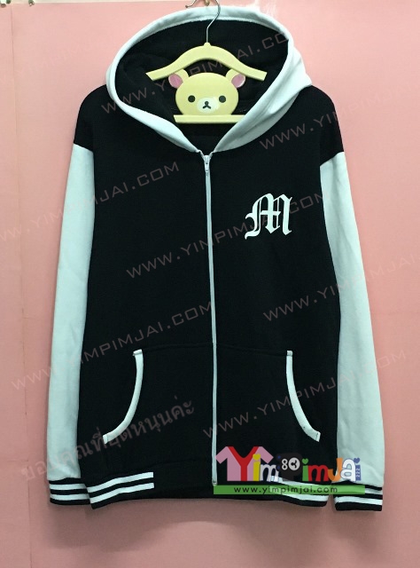 เสื้อฮู้ต เสื้อกันหนาว เสื้อรุ่น สีดำ แขนยาวขาว หมวกขาวในดำ ซิปขาว มีกระเป๋า สกรีนตามสั่ง M ValkyrieDX 8Zings