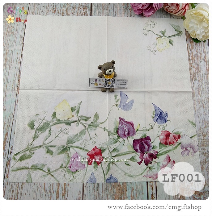 กระดาษแนปกิ้นยุโรป, ลายดอกไม้เลื้อย, ลายดอกไม้หลายสี, ลายดอกไม้สีม่วง, ลายดอกไม้เลื้อยหลายสี, ลายดอกไม้สีน้ำ, พื้นหลังสีขาวครีม, พื้นหลังสีขาว, พื้นหลังสีอ่อน, ลายดอกไม้โทนสีม่วง