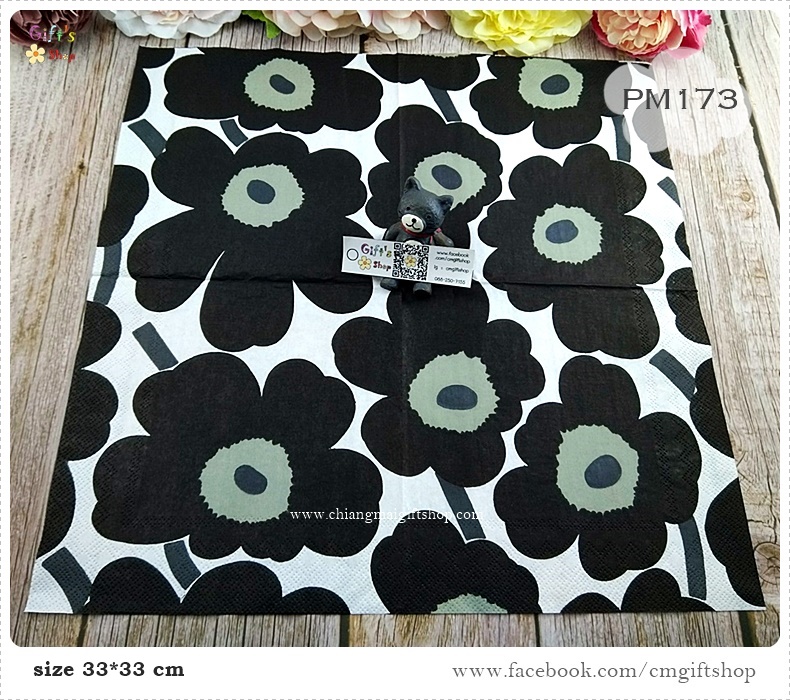 กระดาษแนปกิ้นยุโรป, ลายดอกไม้สีดำเกสรสีเทา, ลาย UNIKKO white black, ลายของ marimekko, พื้นหลังสีขาว, ลายดอกไม้ใหญ่ๆ