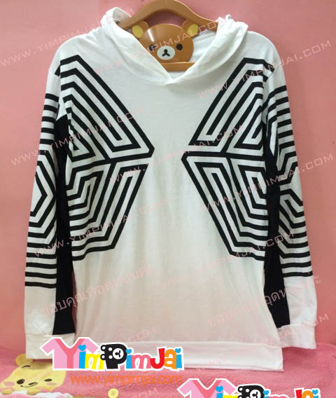 เสื้อฮู้ด เสื้อรุ่น สีขาว แขนขลิปดำ สกรีนตามสั่ง วงเกาหลี EXO