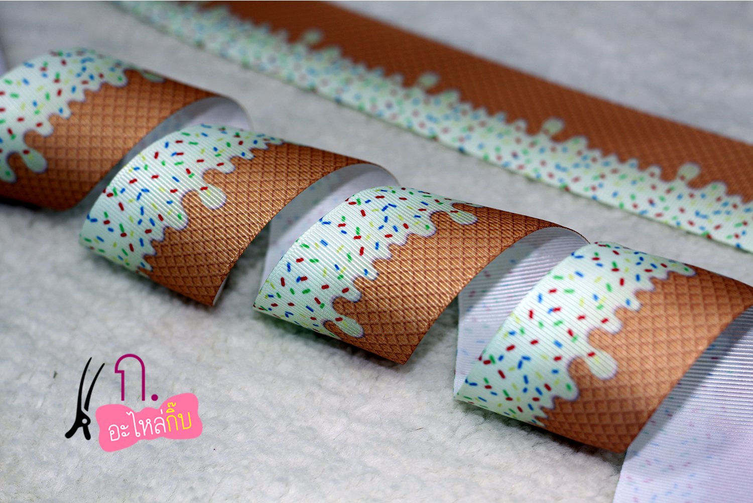 ริบบิ้นผ้าพิมพ์ลาย ไอศครีม กว้าง 38 mm #FF45