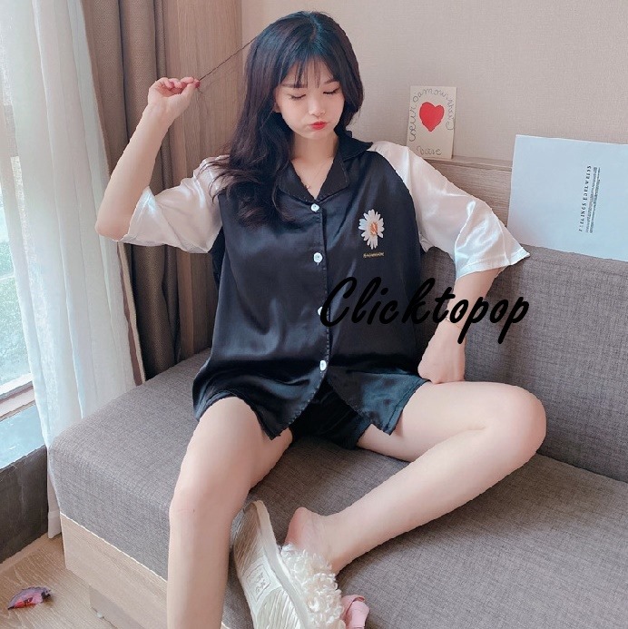 {พร้อมส่งจากไทย} ชุดนอนผ้าซาติน ใส่สบาย เสื้อ+กางเกงขาสั้น เเบบสไตล์เกาหลี น่ารัก