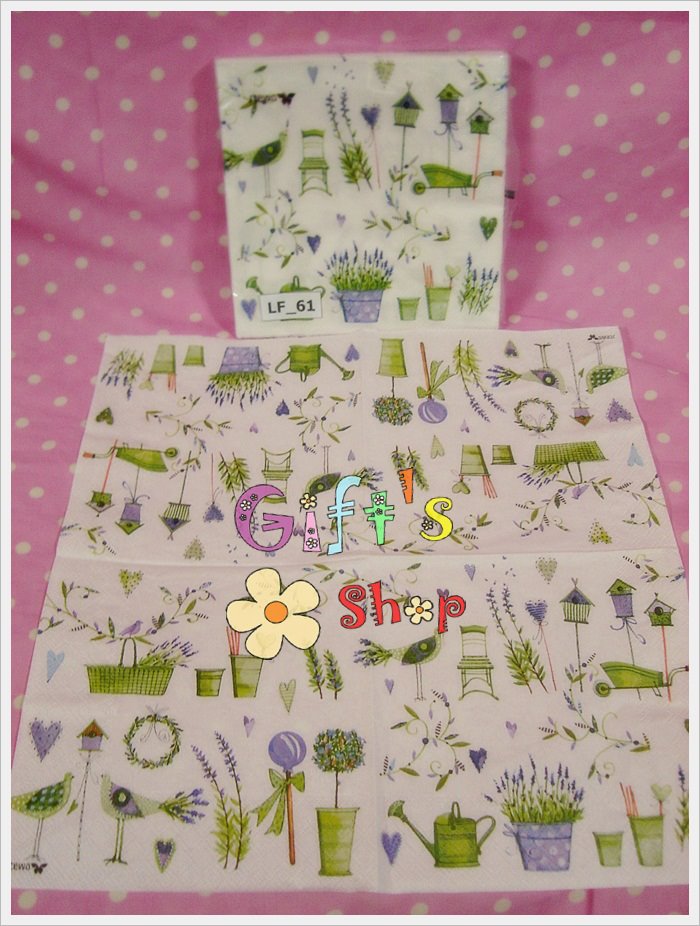 กระดาษแนปกิ้นยุโรป, ลายบ้านนก, กระถางต้นไม้, ลายกระถางสีเขียว, พื้นหลังสีขาว, ลายลาเวนเดอร์สีม่วง, พื้นหลังสีอ่อน, ลายดอกไม้โทนสีม่วง, ลายดอกไม้, ลายดอกลาเวนเดอร์
