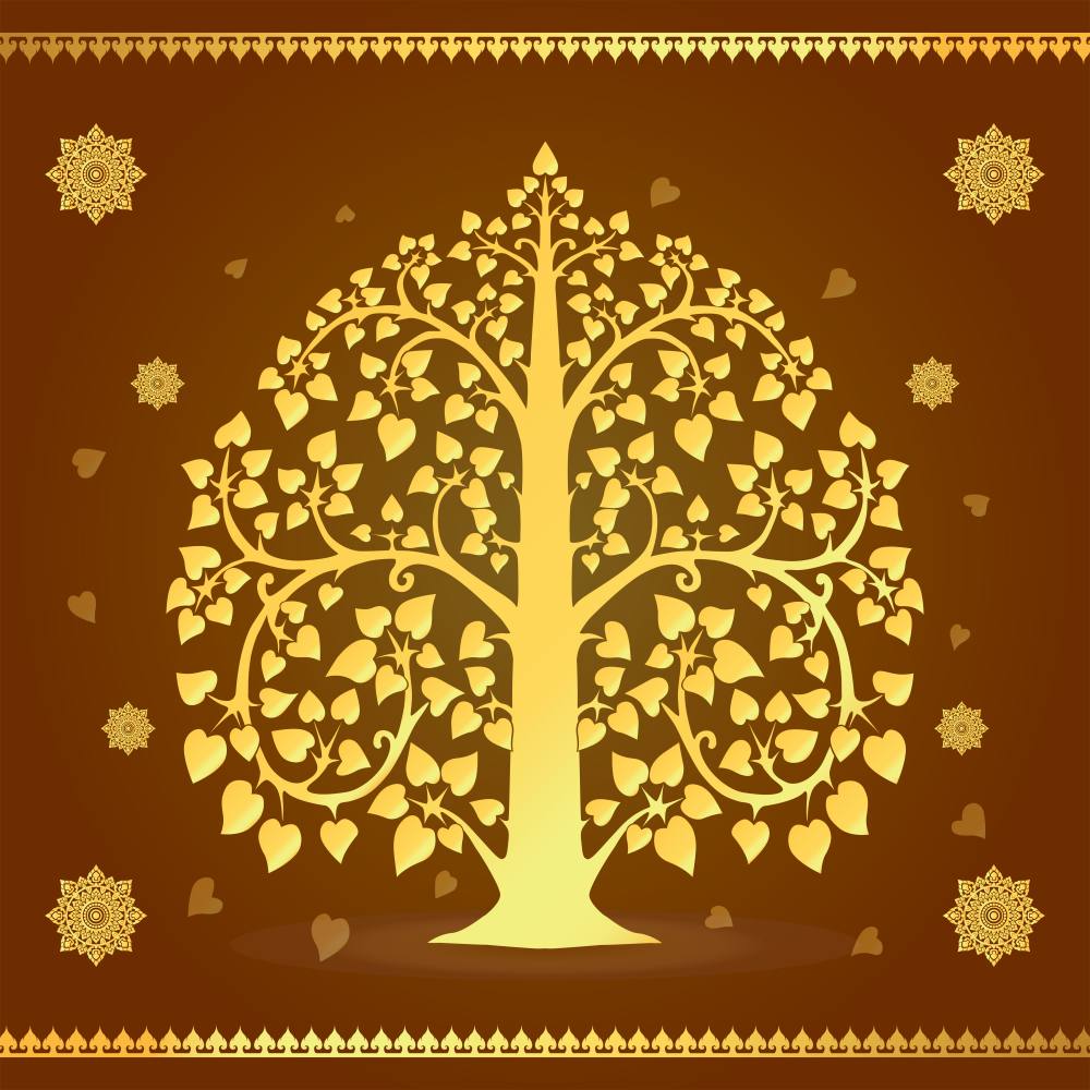 วอลเปเปอร์ติดผนังภาพต้นโพธิ์ทอง สีแดง/น้ำเงิน/ดำ/น้ำตาล/เขียว/ทอง/ขาว CS-2022-BDT-005