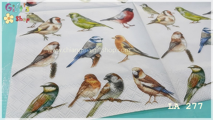 กระดาษแนปกิ้น ลายนก สีเขียว สีฟ้า สีน้ำตาล สีแดง หัวดำ พื้นหลังสีขาว