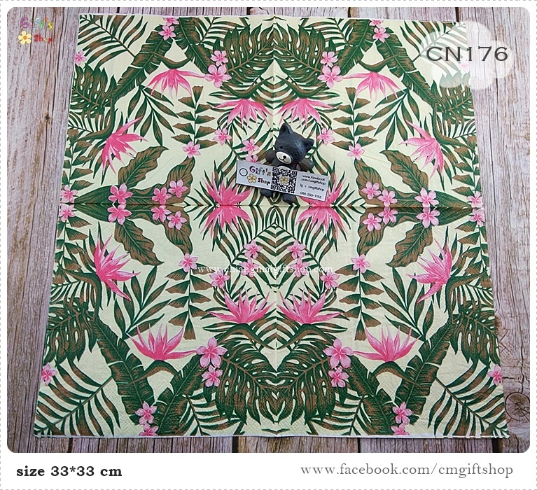 กระดาษแนปกิ้น, ลายดอกไม้สีชมพูกับใบไม้, ลายทรอปิคอล, ลายดอกไม้ใบไม้แบบทรอปิคอล, พื้นหลังสีครีม, ลายใบไม้หลายแบบ,