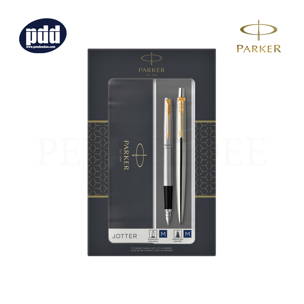 PARKER Jotter Stainless Steel GT Fountain Pen + Ballpoint Pen ปากกาหมึกซึม + ปากกาลูกลื่น ป๊ากเกอร์ จ๊อตเตอร์ สแตนเลส สีเงิน คลิปทอง