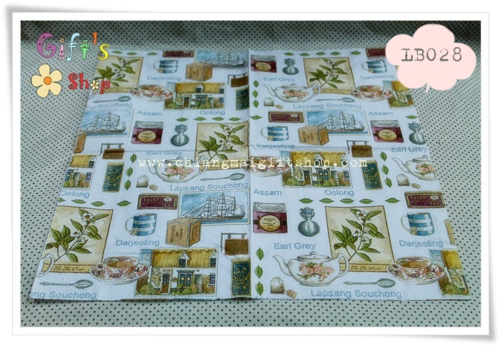 กระดาษแนปกิ้น ลายแก้วน้ำชา กาน้ำชา ขนม พื้นหลังสีขาว