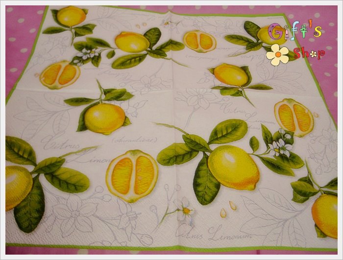 กระดาษแนปกิ้นยุโรป, ลายมะนาว, ลายเลมอน, พื้นหลังสีขาว, ขอบสีเขียว