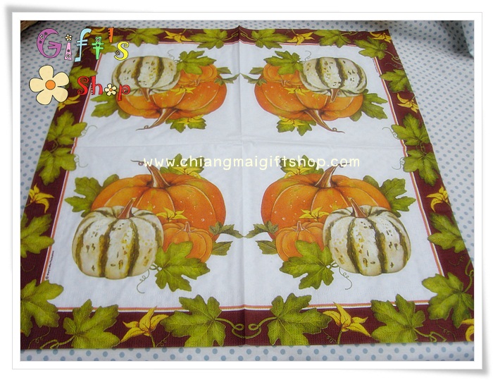 กระดาษแนปกิ้นยุโรป, ลายฟักทอง, ลายผัก, ลายผลไม้, ลายhalloween, ลายฮาโลวีน, ลายเทศกาล, พื้นหลังสีขาว, ขอบสีม่วงเข้ม