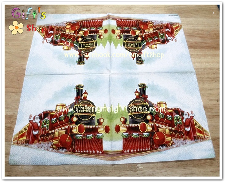 กระดาษแนปกิ้นยุโรป, ลายขบวนรถไฟของซานตาคลอส, พื้นหลังสีขาวหิมะ, ลายรถไฟ, ลายรถไฟโบราณ, ลายรถโบราณ