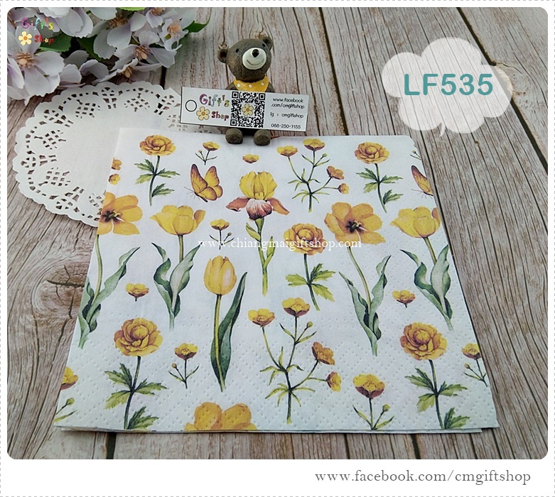 กระดาษแนปกิ้นยุโรป ,ลายดอกไม้สีเหลืองหลายชนิด, ลายYellow Blossoms, ลายดอกไม้โทนสีเหลือง, ลายดอกไม้, ลายดอกไม้สีเหลือง, ลายผีเสื้อ, ลายดอกไม้พื้นหลังสีขาว