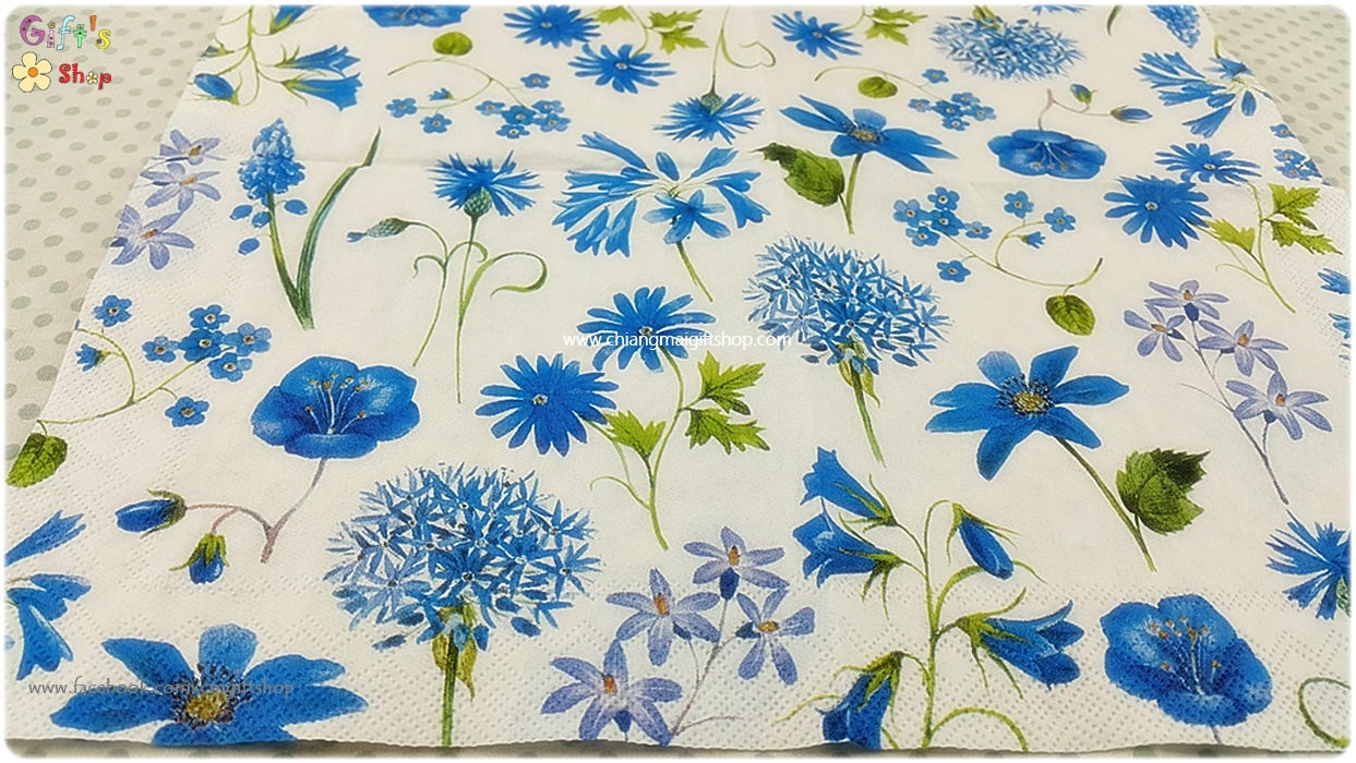กระดาษแนปกิ้น ลายดอกไม้เล็กๆ ลายดอกไม้สีน้ำเงิน ลายดอกไม้สีน้ำเงินเล็กๆ ลายดอกไม้สีน้ำเงินหลายแบบ พื้นหลังสีขาว SORA