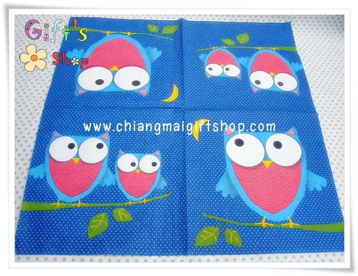 กระดาษแนปกิ้น ลายนกฮูกสีฟ้า ตาโต พื้นหลังสีน้ำเงิน