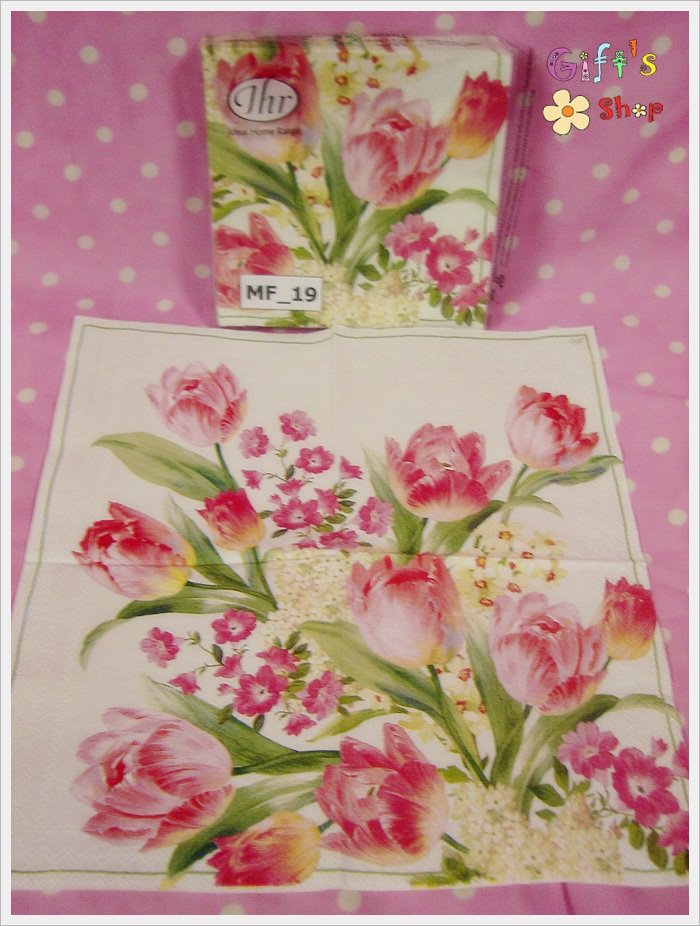 กระดาษแนปกิ้น ลายดอกทิวลิปสีขาวแดง พื้นหลังสีขาว ขอบเส้นสีเขียว
