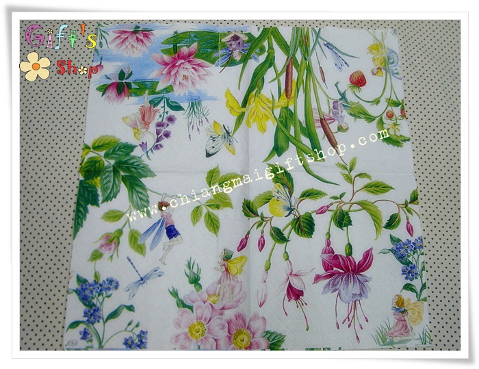 กระดาษแนปกิ้น ลายดอกไม้สีเหลือง สีส้ม ผีเสื้อ พื้นหลังสีเขียว