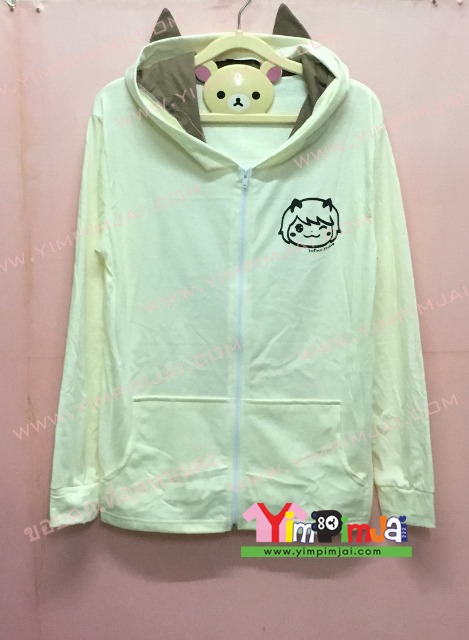 เสื้อยืดมีฮู้ดผ้าคอตตอน สีขาว แขนยาว หมวกขาวในกากี หูแหลมกากี ซิปขาว มีกระเป๋า สกรีนตามสั่ง รูปการ์ตูน