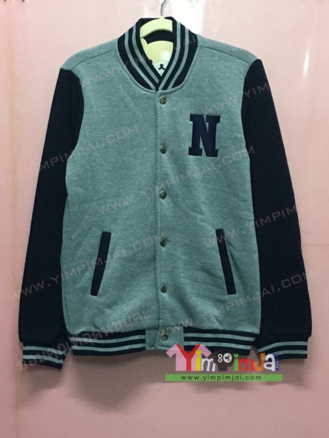 เสื้อกันหนาว เบสบอล สีเทา แขนดำ กระดุม ลายตามสั่ง เสื้อห้อง เสื้อรุ่น N