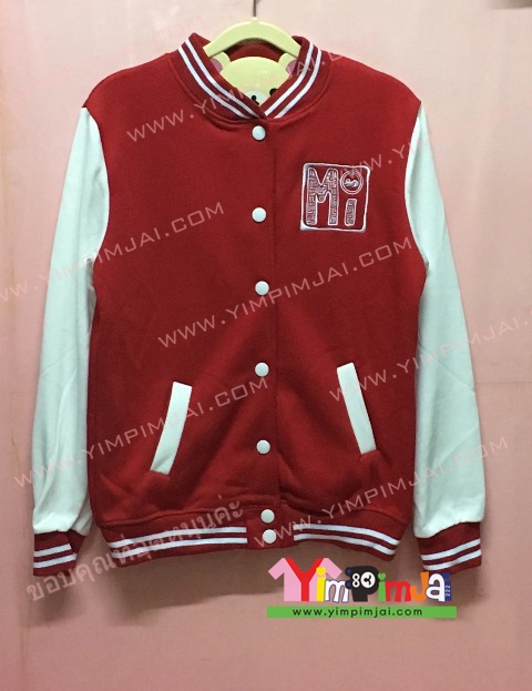 เสื้อกันหนาว เบสบอล สีแดง แขนยาวขาว กระดุมขาว ลายตามสั่ง เสื้อห้อง เสื้อรุ่น MI NI