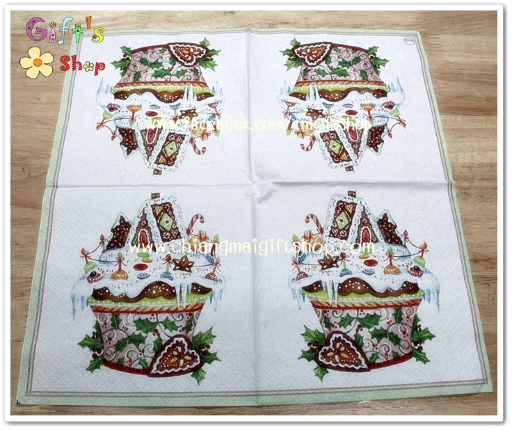 กระดาษแนปกิ้น ลายคัพเค้ก รูปบ้านขนม พันด้วยมิสเซิลโท พื้นหลังสีขาว