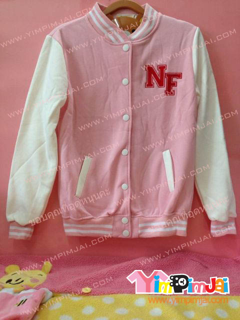 เสื้อกันหนาว เบสบอล สีชมพู แขนขาว ลายตามสั่ง NF