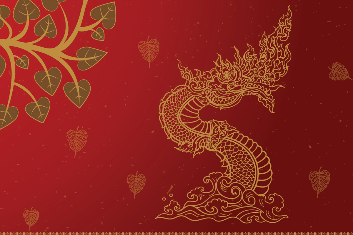 วอลเปเปอร์ภาพพิมพ์ ต้นโพธิ์-เทวดา-พญานาค ดีไซน์ใหม่ล่าสุด สีแดง CV-BDT2025-005RD