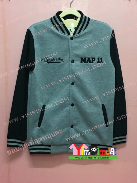 เสื้อกันหนาว เบสบอล สีเทา แขนยาวดำ กระดุมขาว ลายตามสั่ง เสื้อห้อง เสื้อรุ่น MAP 11 Team Partin Thammasat Business School