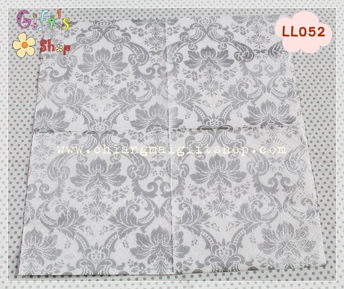 กระดาษแนปกิ้น ลายดอกไม้วินเทจสีเงิน พื้นหลังสีขาว