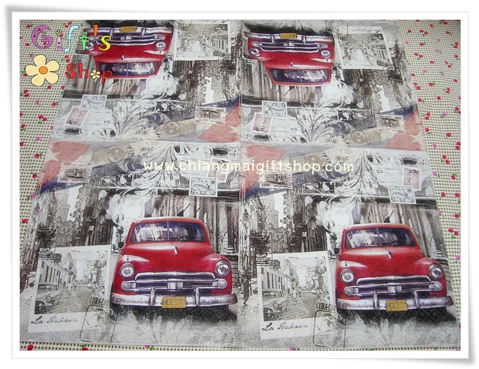 กระดาษแนปกิ้นยุโรป, ลายรถโบราณสีแดง, ลายวินเทจ, พื้นหลังเป็นฉากเมือง, ลายรถสีแดง, ลายรถโบราณ