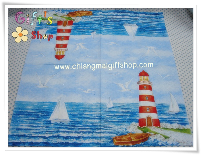 กระดาษแนปกิ้น ลายประภาคาร เรือใบ นกนางนวล เรือ คลื่น พื้นหลังสีน้ำเงิน