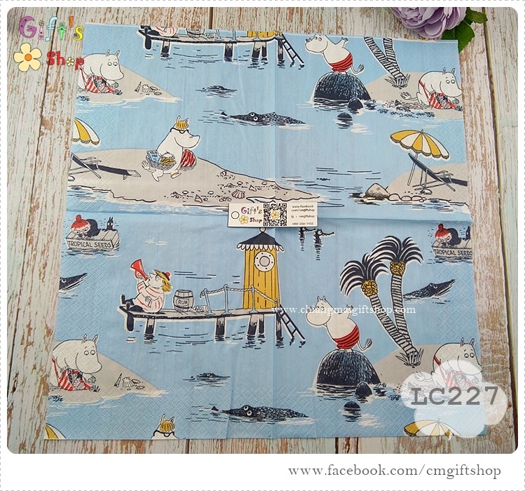 กระดาษแนปกิ้นยุโรป, ลาย Treasure Island blue, ลายของ MOOMIN, ลายมูมิน, ลายเกาะมหาสมบัติของมูมิน, ลายแนวทะเล, พื้นหลังสีอ่อน, ลายเกาะ , พื้นหลังสีฟ้า